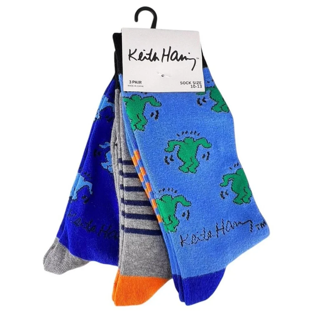 New Keith Haring 3 Pack Crew Socks Size 10-13 Mens Dancers Radiant Baby Stripe - Picture 1 of 9